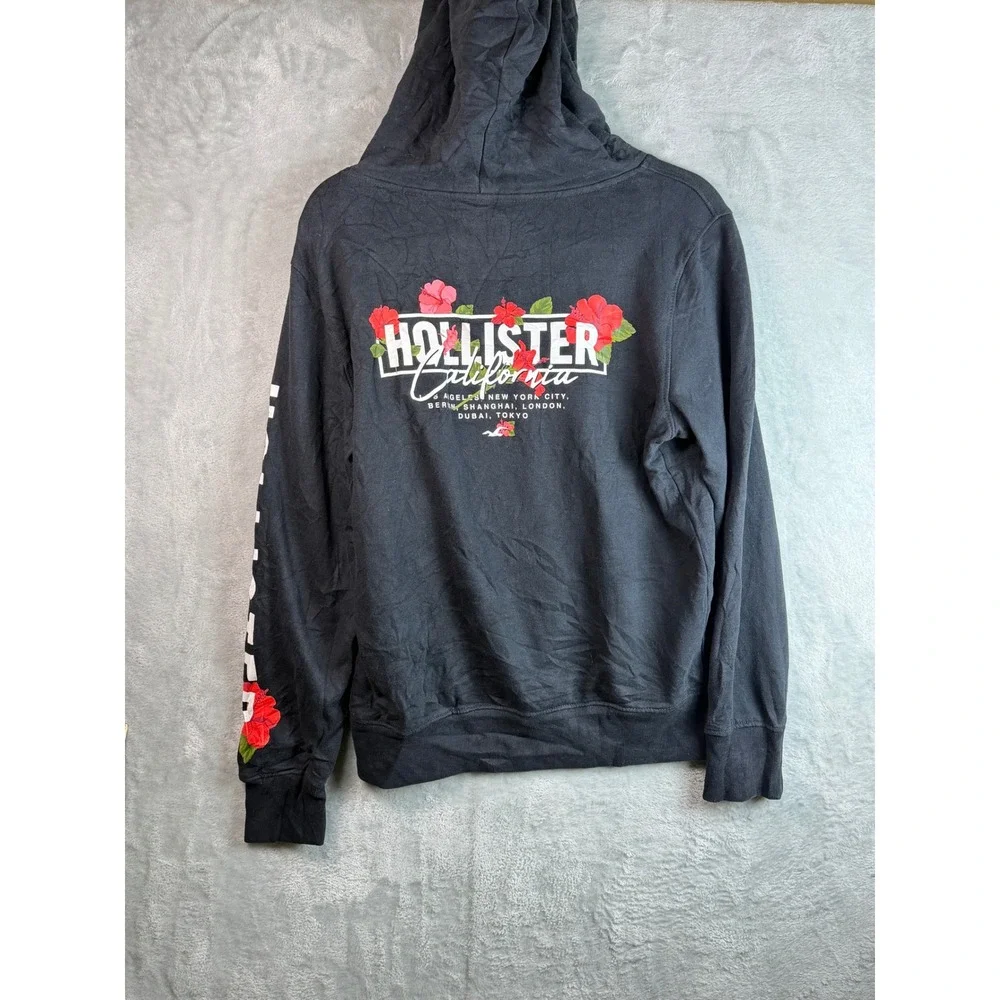 HOLLISTER Hoodie Men S Black Rose Floral Graphic Sleeve Logo Pullover Y2K